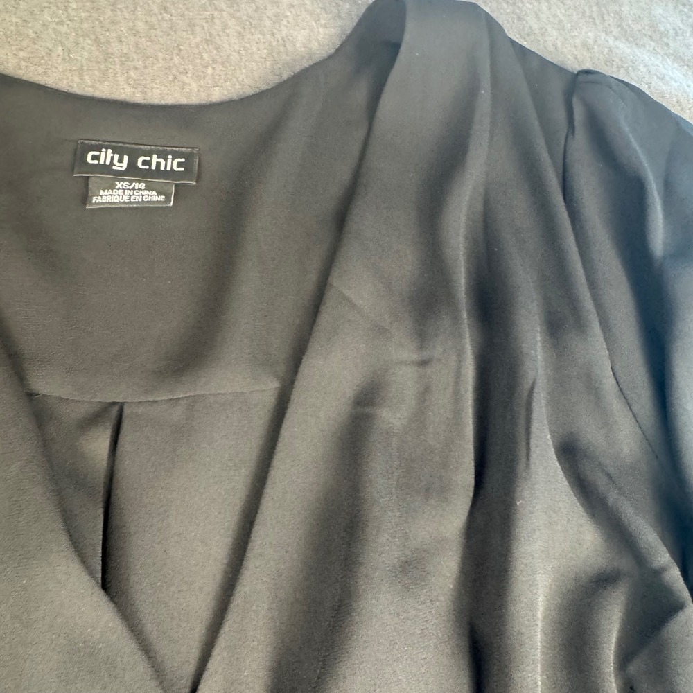 City Chic Black Wrap Style Midi Dress Bell Sleeve Tie‎ Waist Flowy